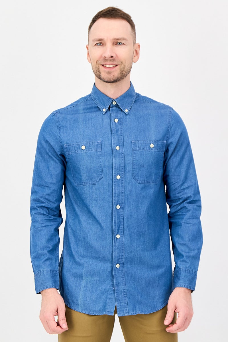 Chaps Men Regular Fit Washed Long Sleeves Casual Shirt, Blue - Image 1